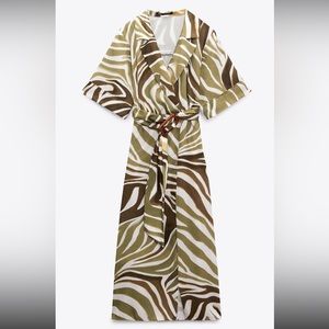 NWOT Zara Beige- green animal print dress with belt, size S